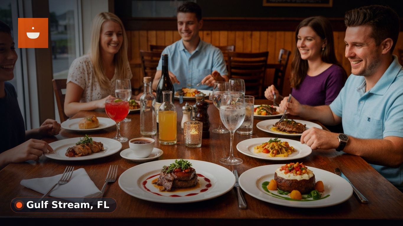 A happy family, including parents and children, laughing together while dining at a casual restaurant table with food.