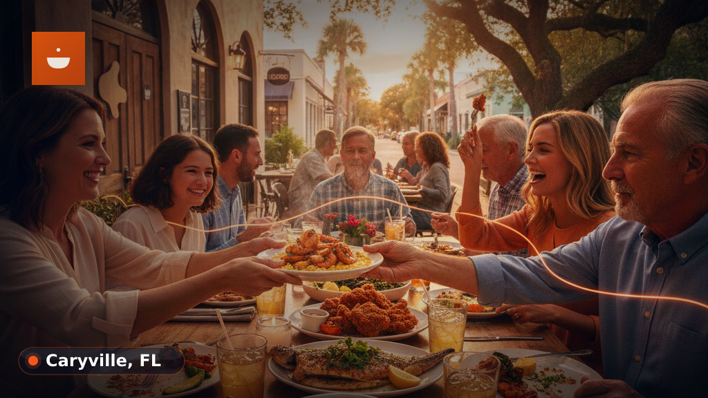 A family with young children happily eating at a casual restaurant table.