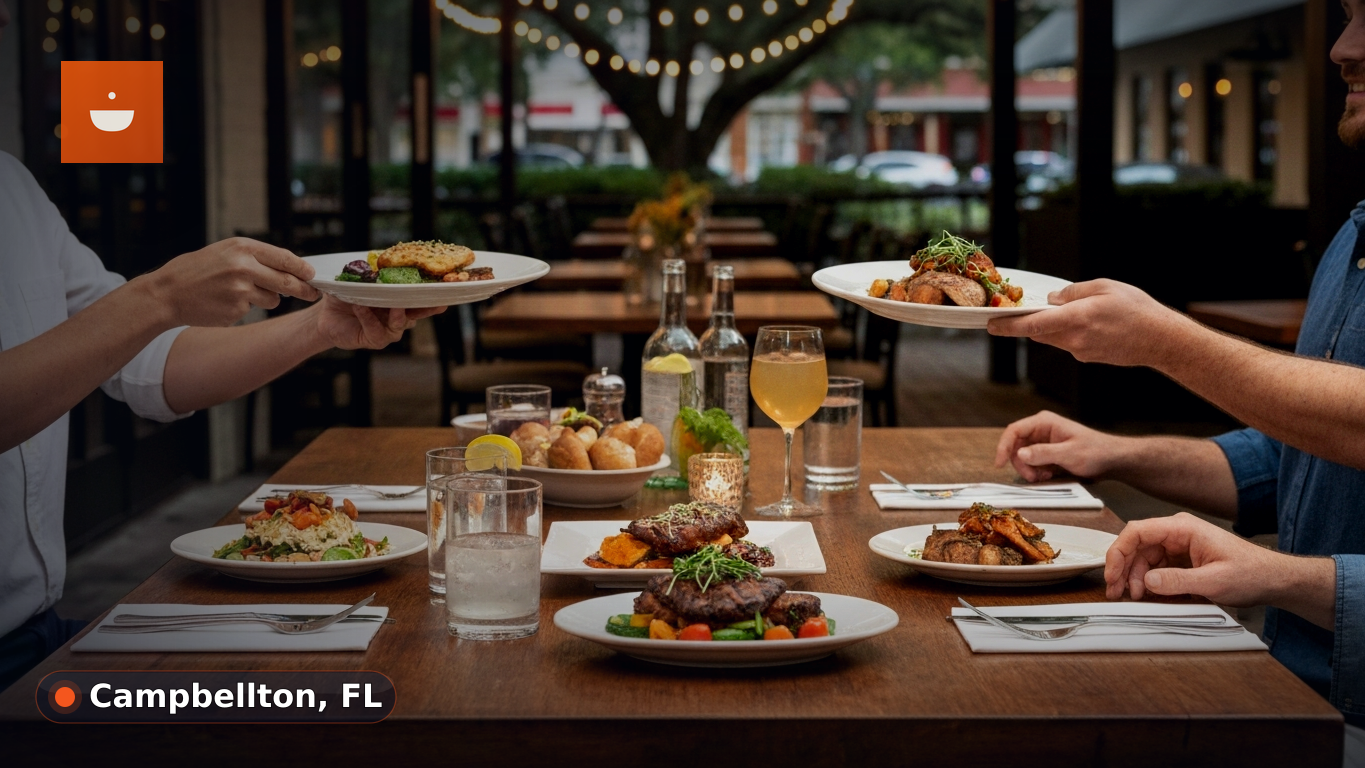 A casual, welcoming local restaurant interior with a few diners enjoying their evening meals at tables.