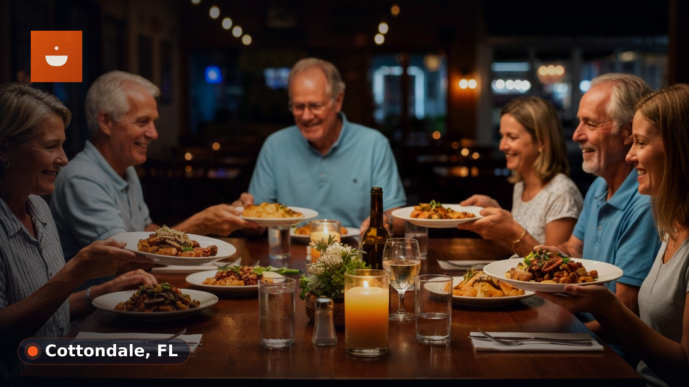 A happy family, including parents and two children, laughing and eating together at a casual restaurant table with colorful plates and drinks.