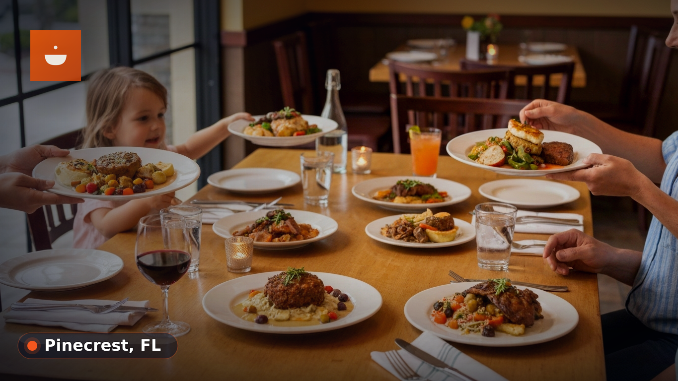 A family with two parents and two young children smiling and eating together at a restaurant table.
