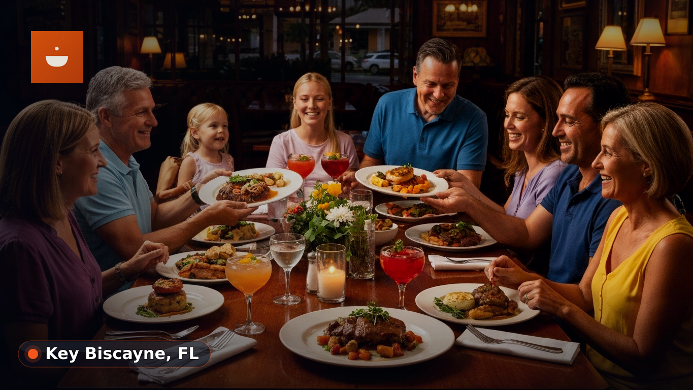 A happy family with two young children smiling while eating a meal together at a bright, casual restaurant