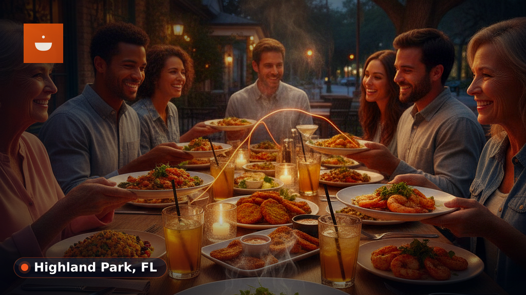 A group of friends laughing and sharing food at a lively restaurant table