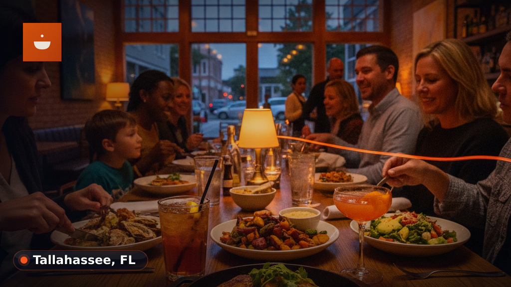 A close-up of a restaurant table with a variety of colorful and appetizing dishes, suggesting local food discovery.
