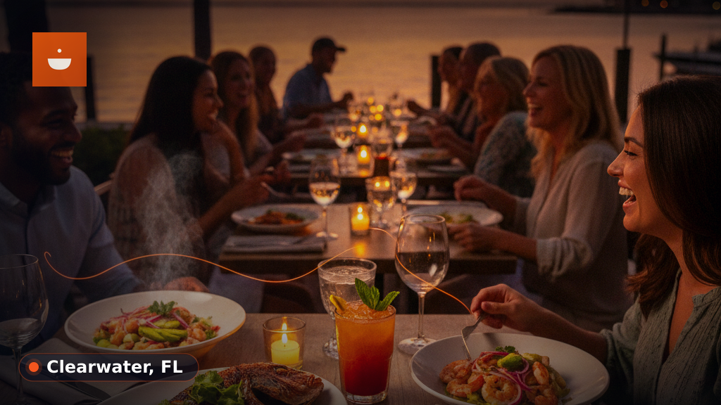 A bright, sunny outdoor restaurant patio overlooking a waterfront, with people enjoying casual meals.