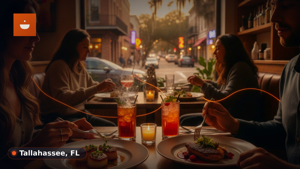 A couple enjoying a romantic dinner at a warmly lit restaurant table with wine and plated dishes.