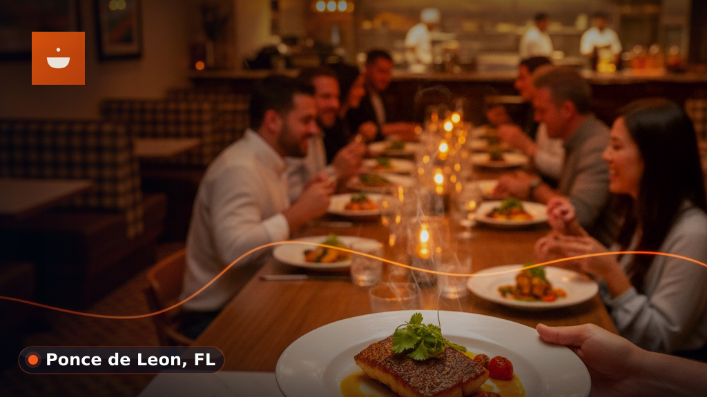 A perfectly cooked steak with a side of asparagus and mashed potatoes on a restaurant table, set for a date night.