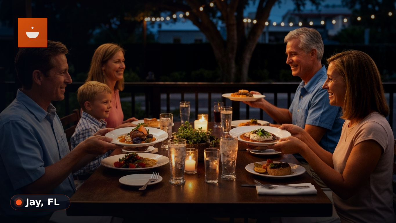 A happy family of four, parents and two children, laughing and enjoying a meal together at a restaurant table.