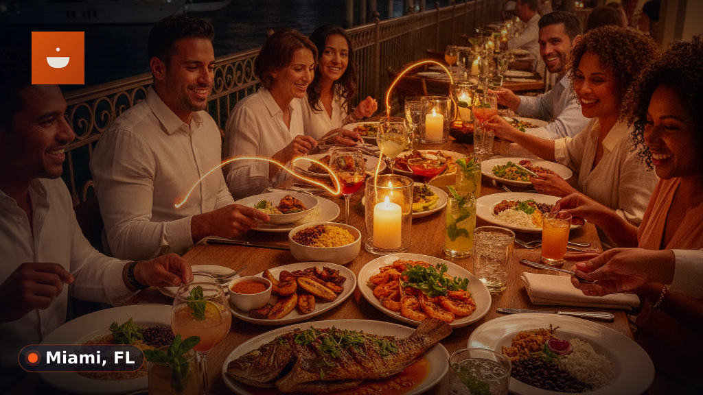 A table laden with various colorful Latin American dishes, including tacos, plantains, and rice.
