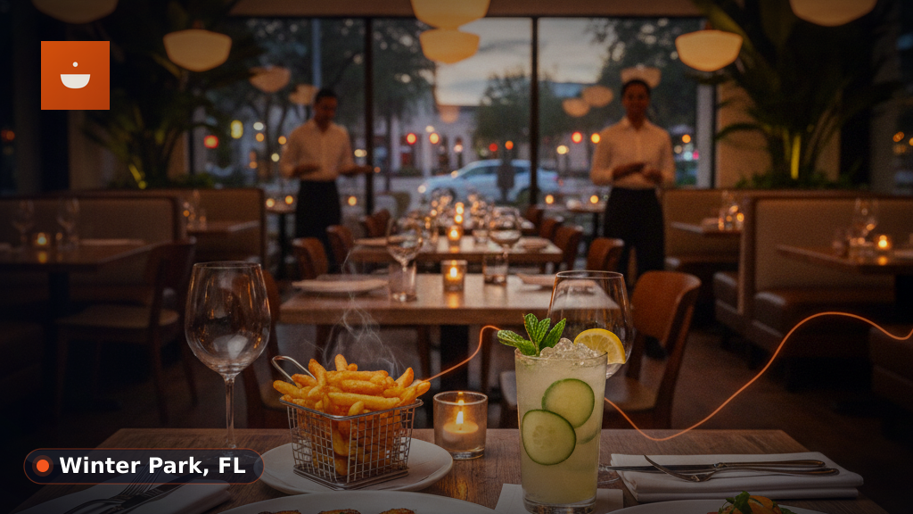 A beautifully plated seafood dish, possibly grilled fish or shrimp, on a restaurant table with a drink.